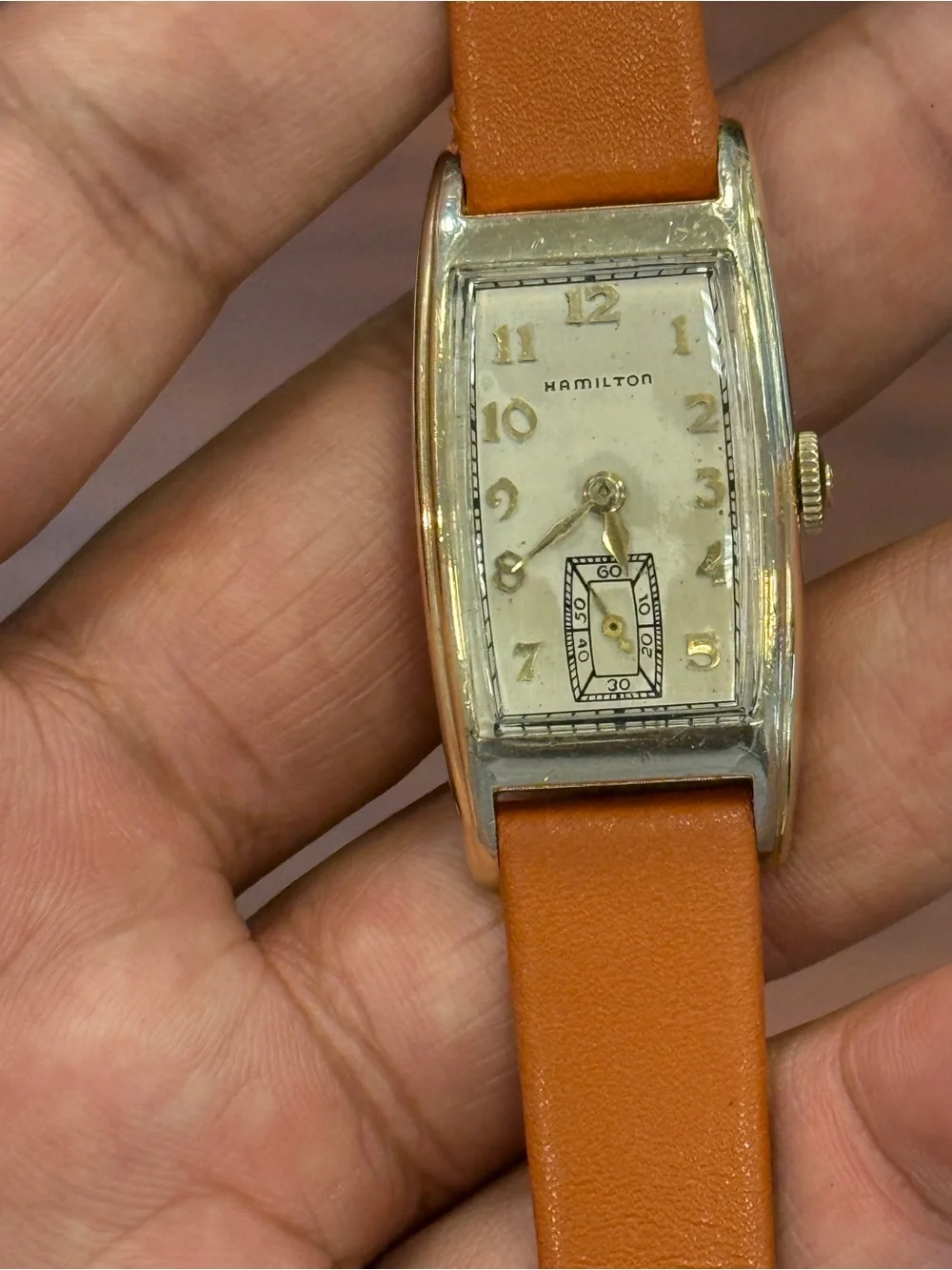 HAMILTON MENS 1940s CURVEX MECHANICAL 14k GOLD FILLED ART DECO WRISTWATCH